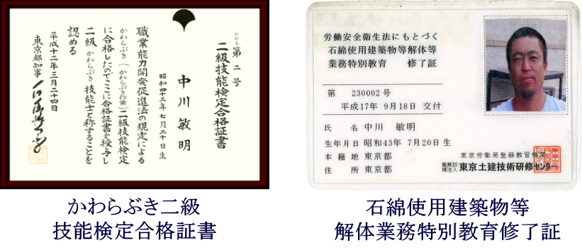 かわらぶき二級技能士|石綿使用建築物等解体業務特別教育修了書